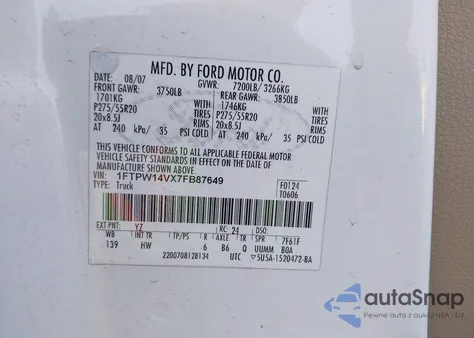 2007 Ford F150 Supercrew z USA, uszkodzony, nr VIN 1FTPW14VX7FB87649